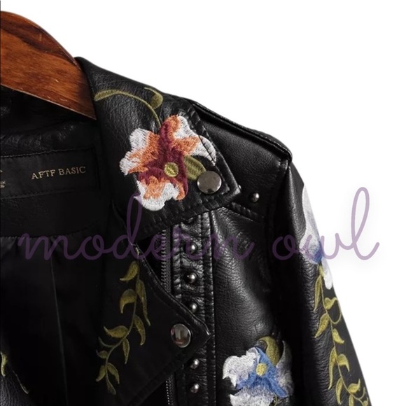 New! Black Embroidered Flowers With Stud Faux Leather Motorcycle Style Jacket - Picture 12 of 15